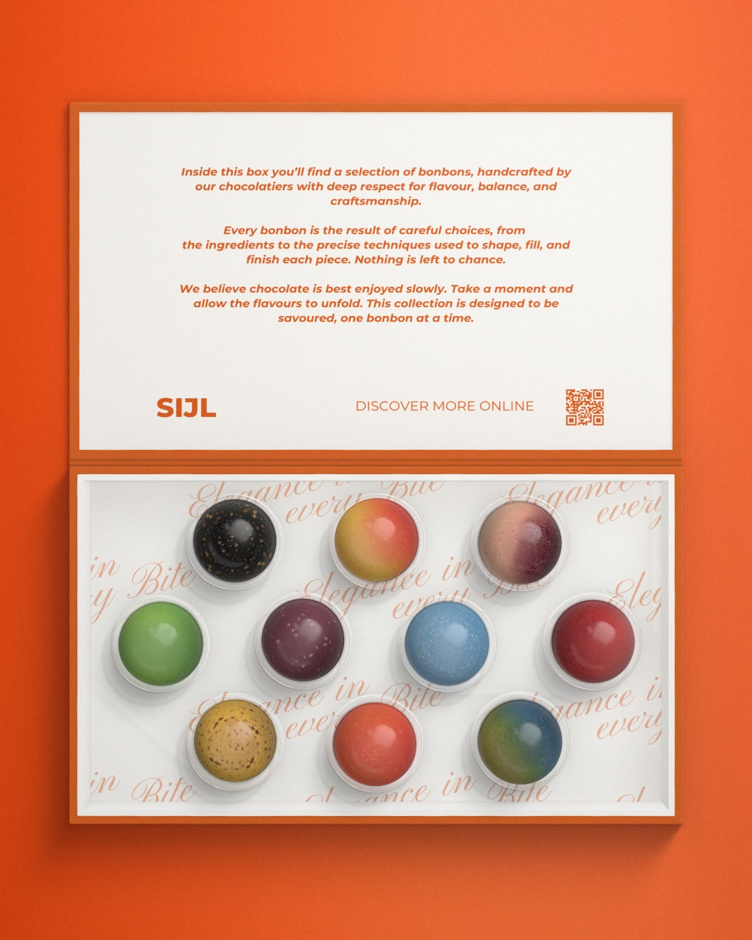 Bonbonbox van SIJL met 10 handgemaakte bonbons, open met de binnenkant van het deksel
